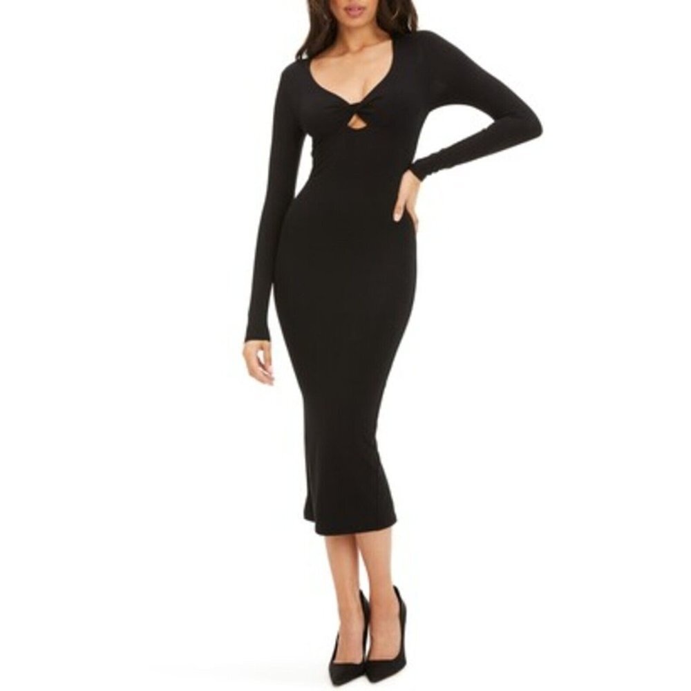 Good American Women's Twist Peekaboo Long Sleeve Midi Dress in Black size 2/M